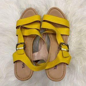 Yellow Leather Strapped Wood Heeled Sandals Shoes